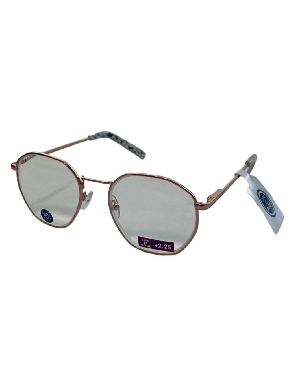 Life Is Good Reading Glasses +2.25 Round Blue Light Blocking Rose Gold Frame NEW